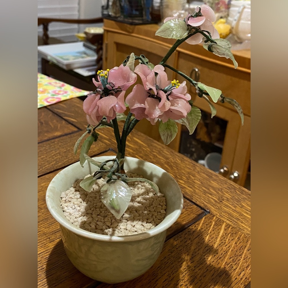 Green & Pink Jade Tree w/Yellow Ctr. Glued White Pebbles in Celadon Bowl.  EC.